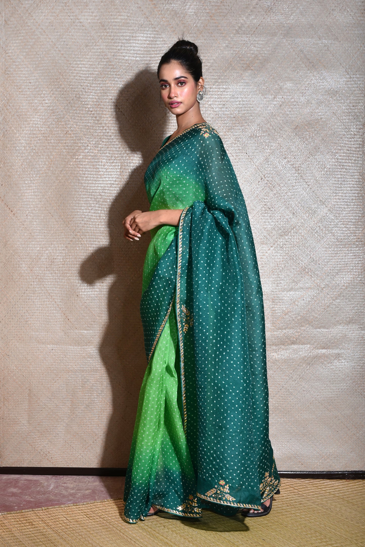 Bandhani on Organza Saree with Gota Patti - Green Shaded