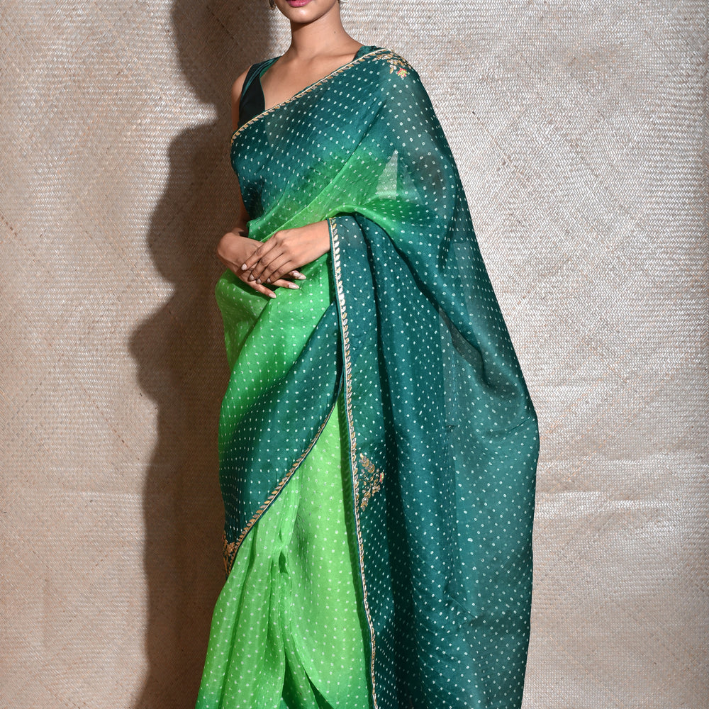 Bandhani on Organza Saree with Gota Patti - Green Shaded