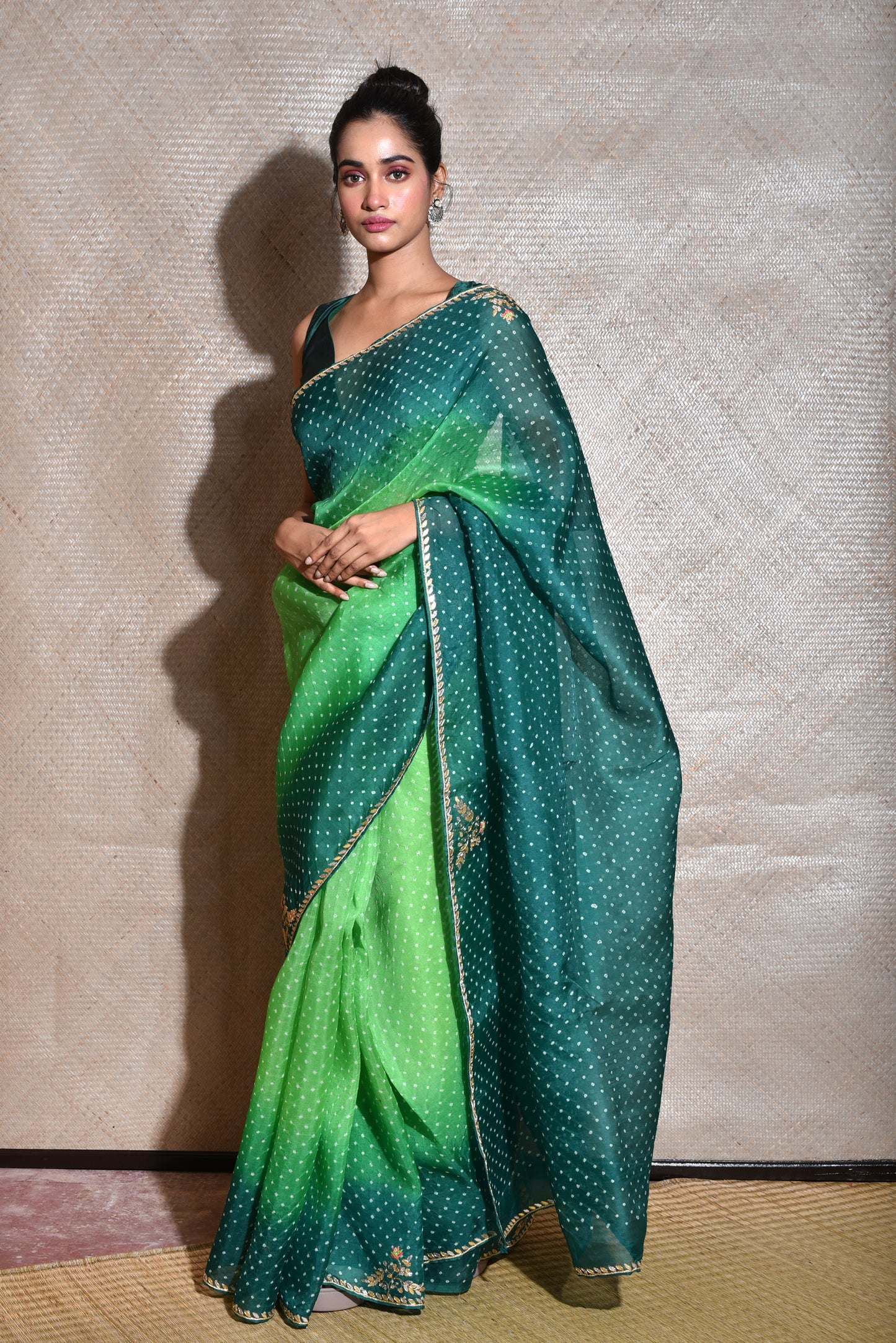 Bandhani on Organza Saree with Gota Patti - Green Shaded