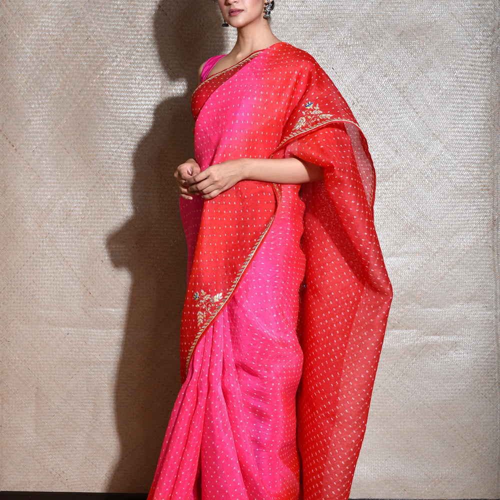 Bandhani on Organza Saree with Gota Patti - Pink Red