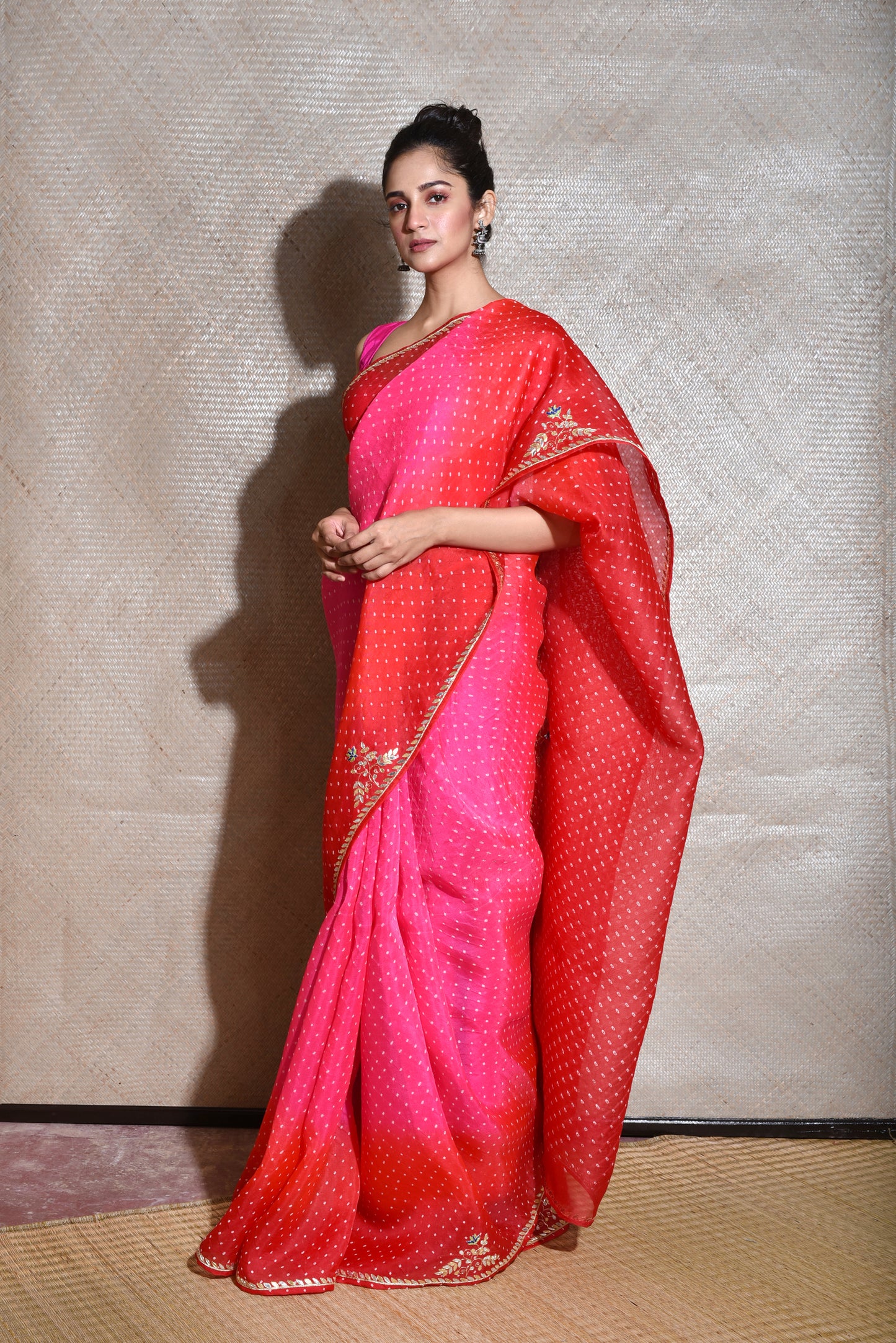 Bandhani on Organza Saree with Gota Patti - Pink Red