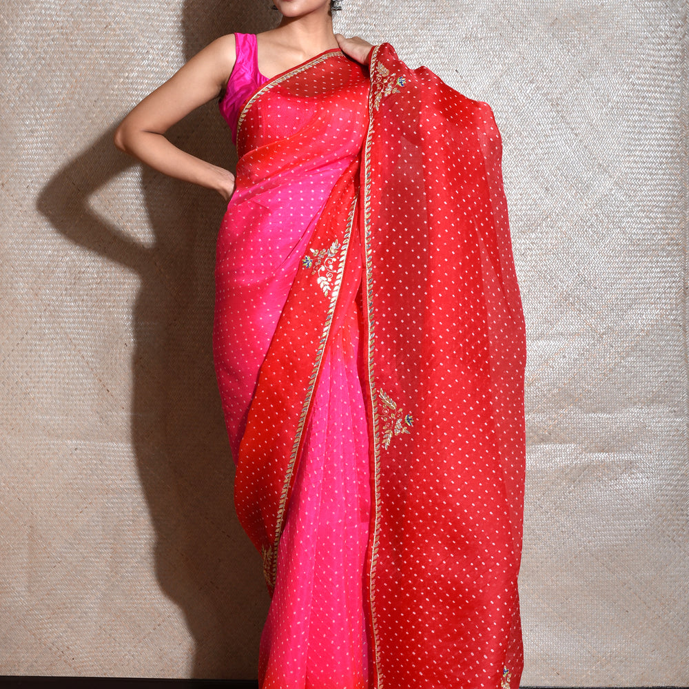 Bandhani on Organza Saree with Gota Patti - Pink Red