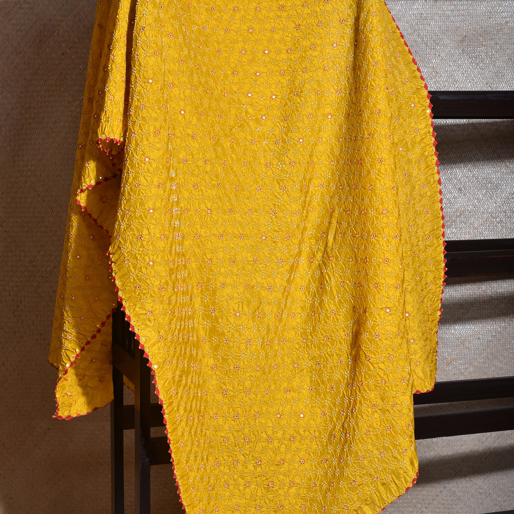 
                      
                        Bandhani on Pure Silk Dupatta with Mirror Work - Mustard Yellow
                      
                    