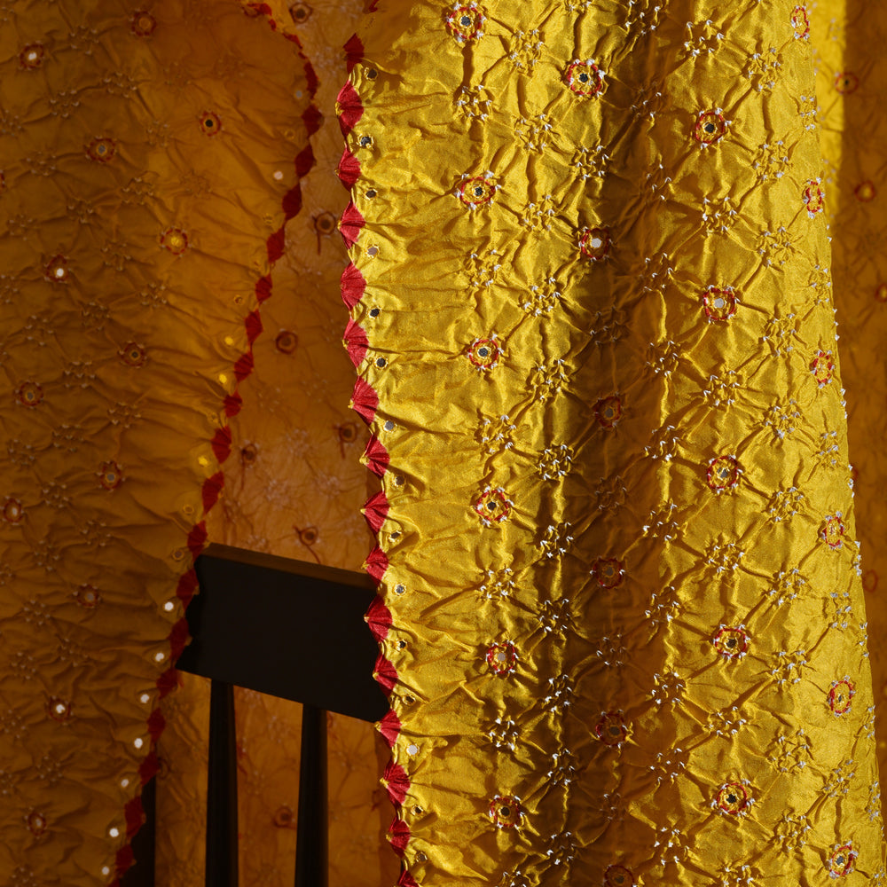 
                      
                        Bandhani on Pure Silk Dupatta with Mirror Work - Mustard Yellow
                      
                    