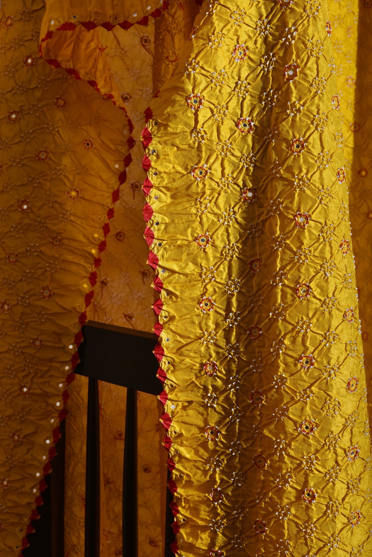 Bandhani on Pure Silk Dupatta with Mirror Work - Mustard Yellow