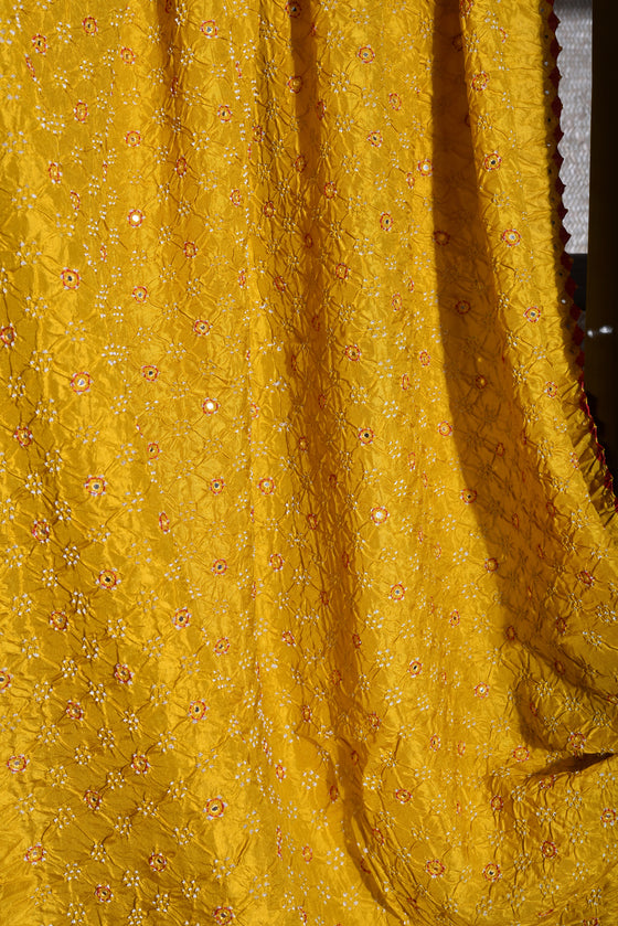 Bandhani on Pure Silk Dupatta with Mirror Work - Mustard