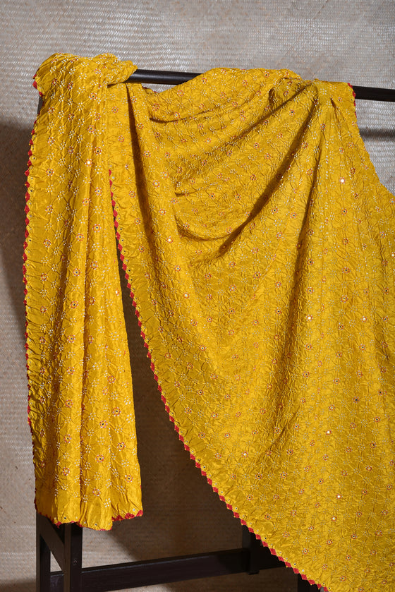 Bandhani on Pure Silk Dupatta with Mirror Work - Mustard Yellow