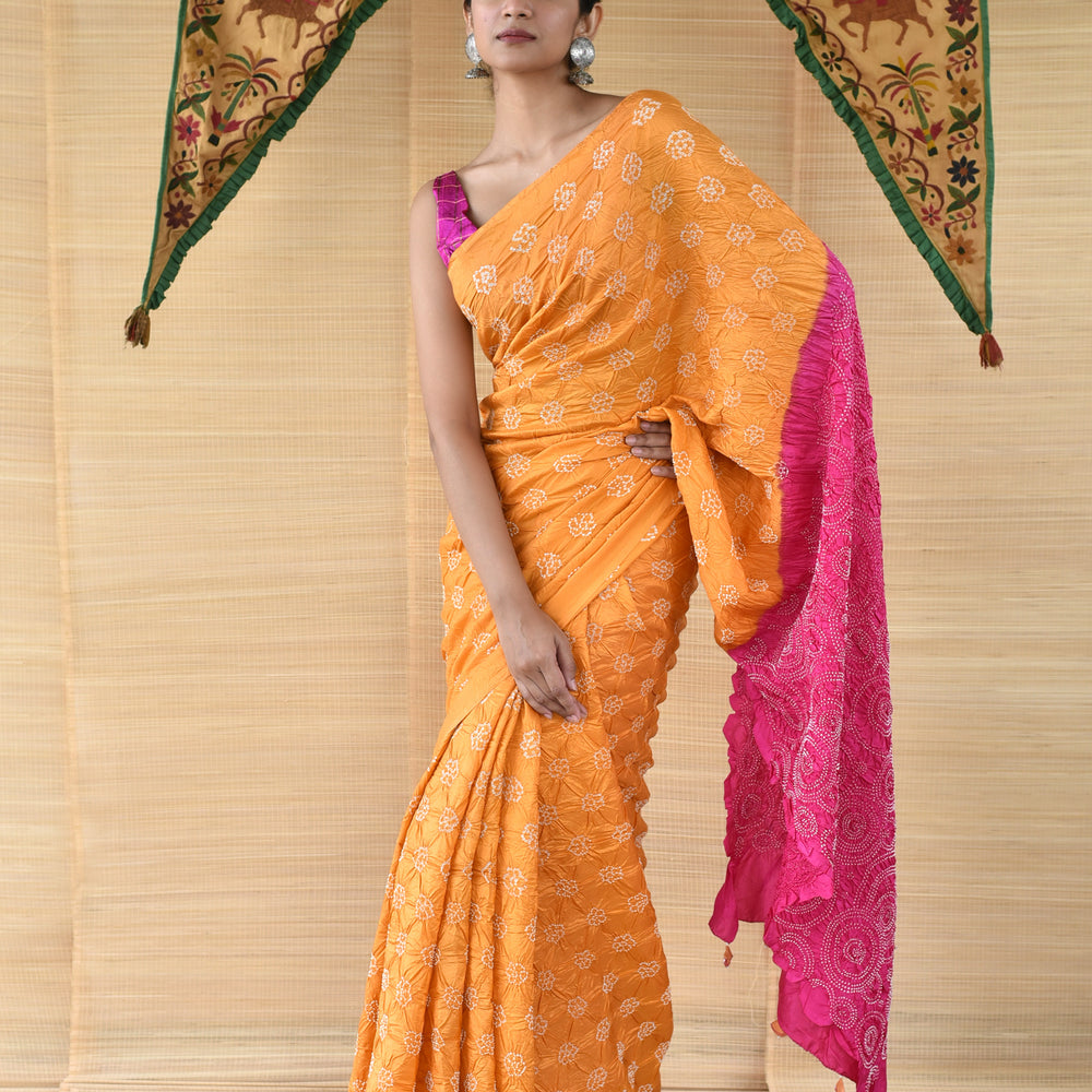 
                      
                        Bandhani on Silk Saree - Light Orange and Fuchsia
                      
                    