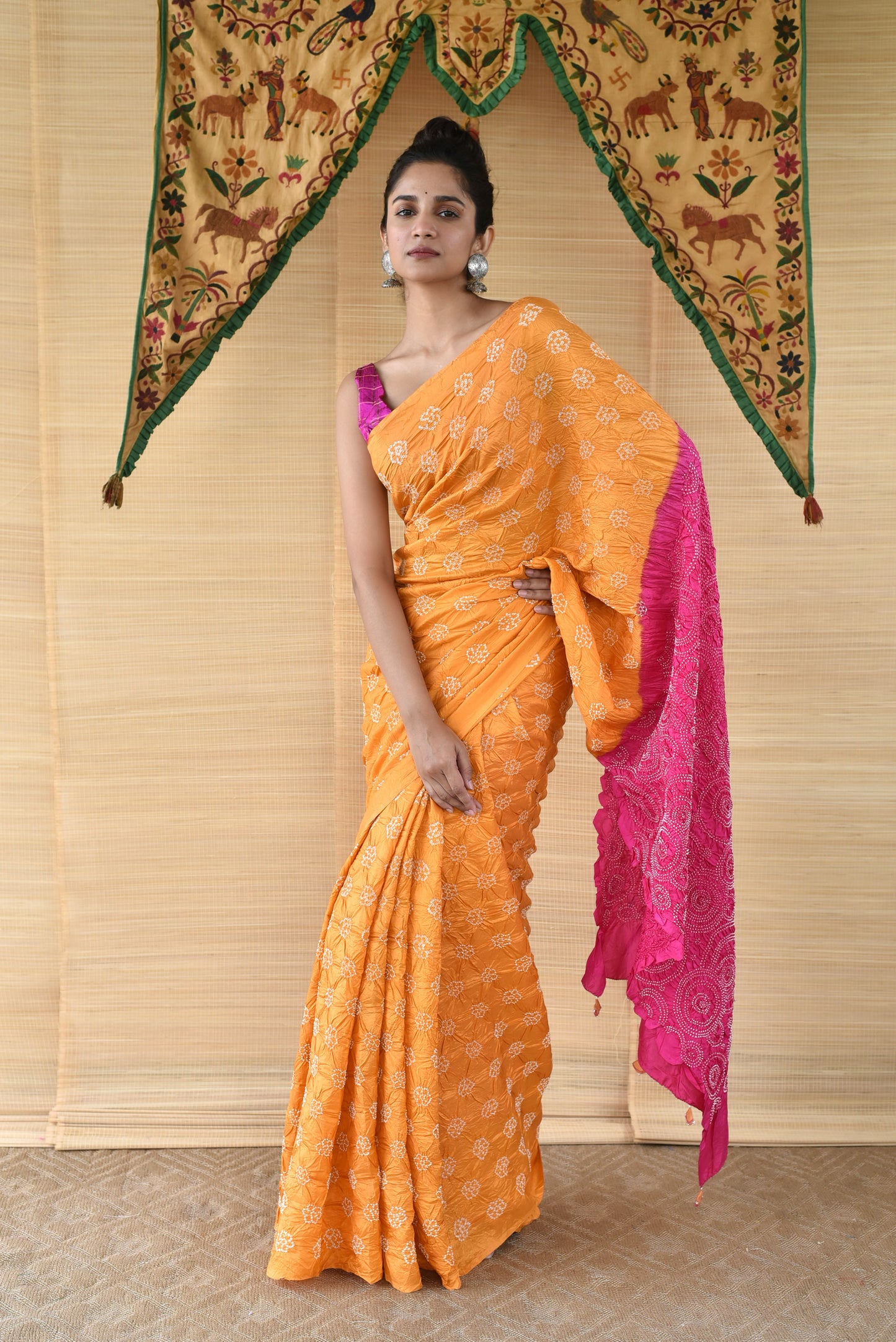 Bandhani on Silk Saree - Light Orange and Fuchsia