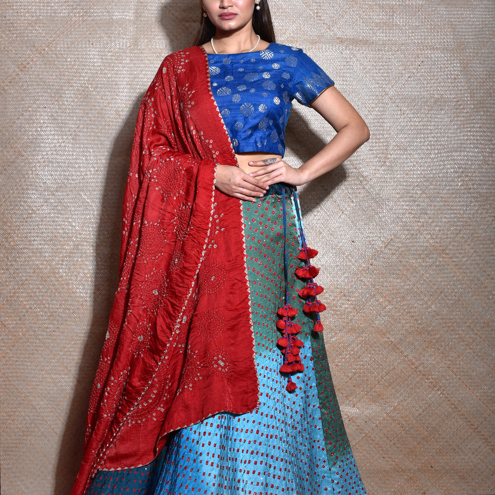 
                      
                        Blue Lehenga Set With Gajji Silk Bandhani Dupatta In Red
                      
                    