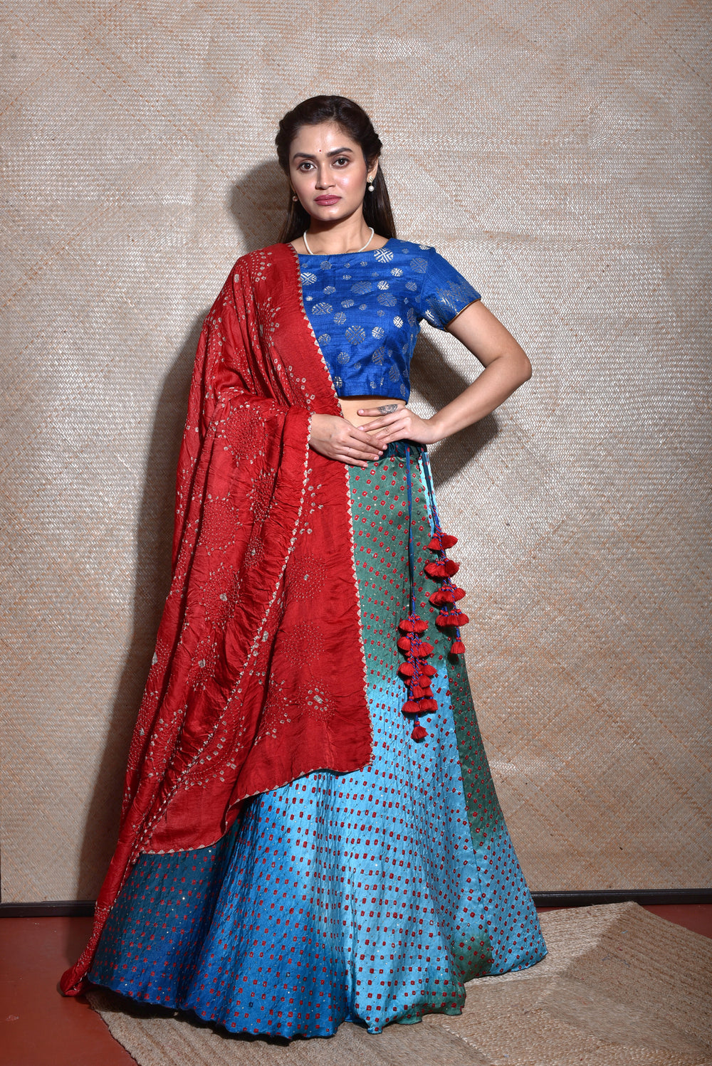 Blue Lehenga Set With Gajji Silk Bandhani Dupatta In Red