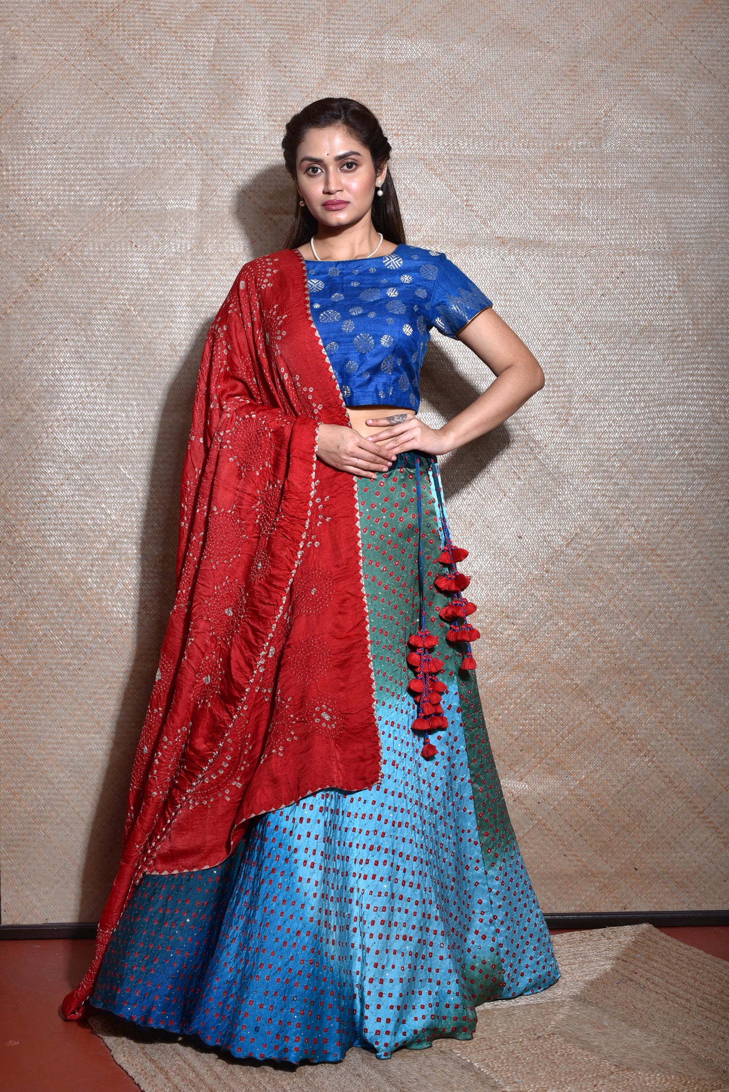 Blue Lehenga Set With Gajji Silk Bandhani Dupatta In Red