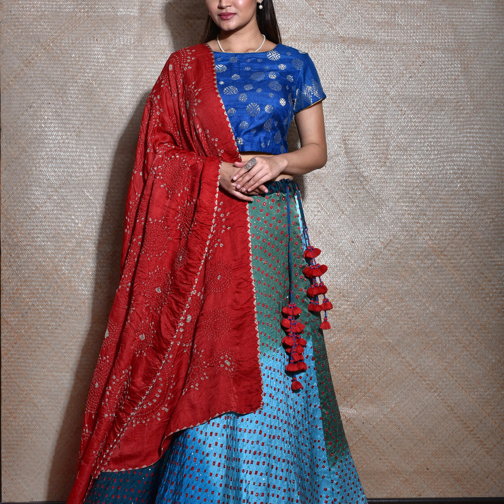 Blue Lehenga Set With Gajji Silk Bandhani Dupatta In Red