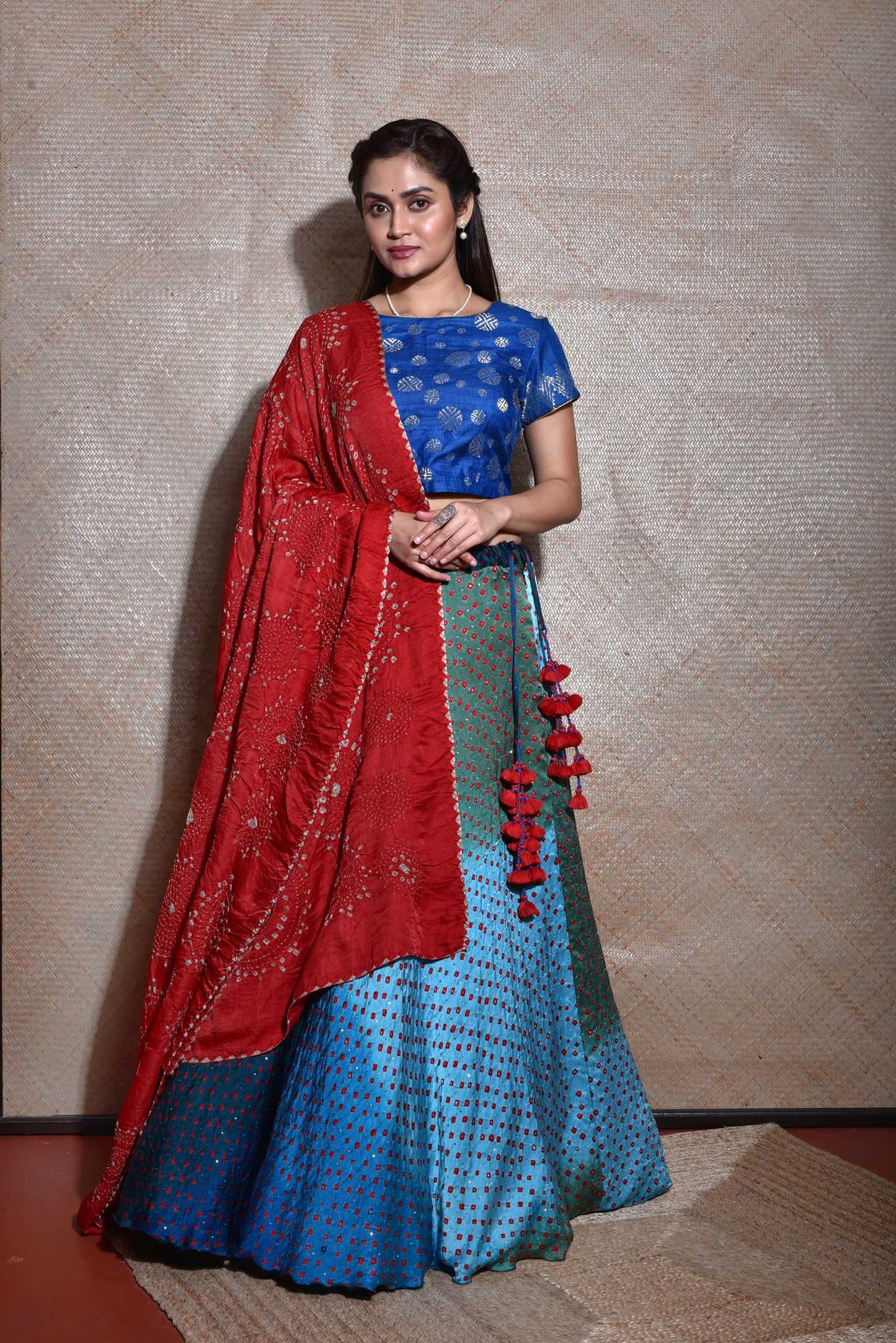 Blue Lehenga Set With Gajji Silk Bandhani Dupatta In Red