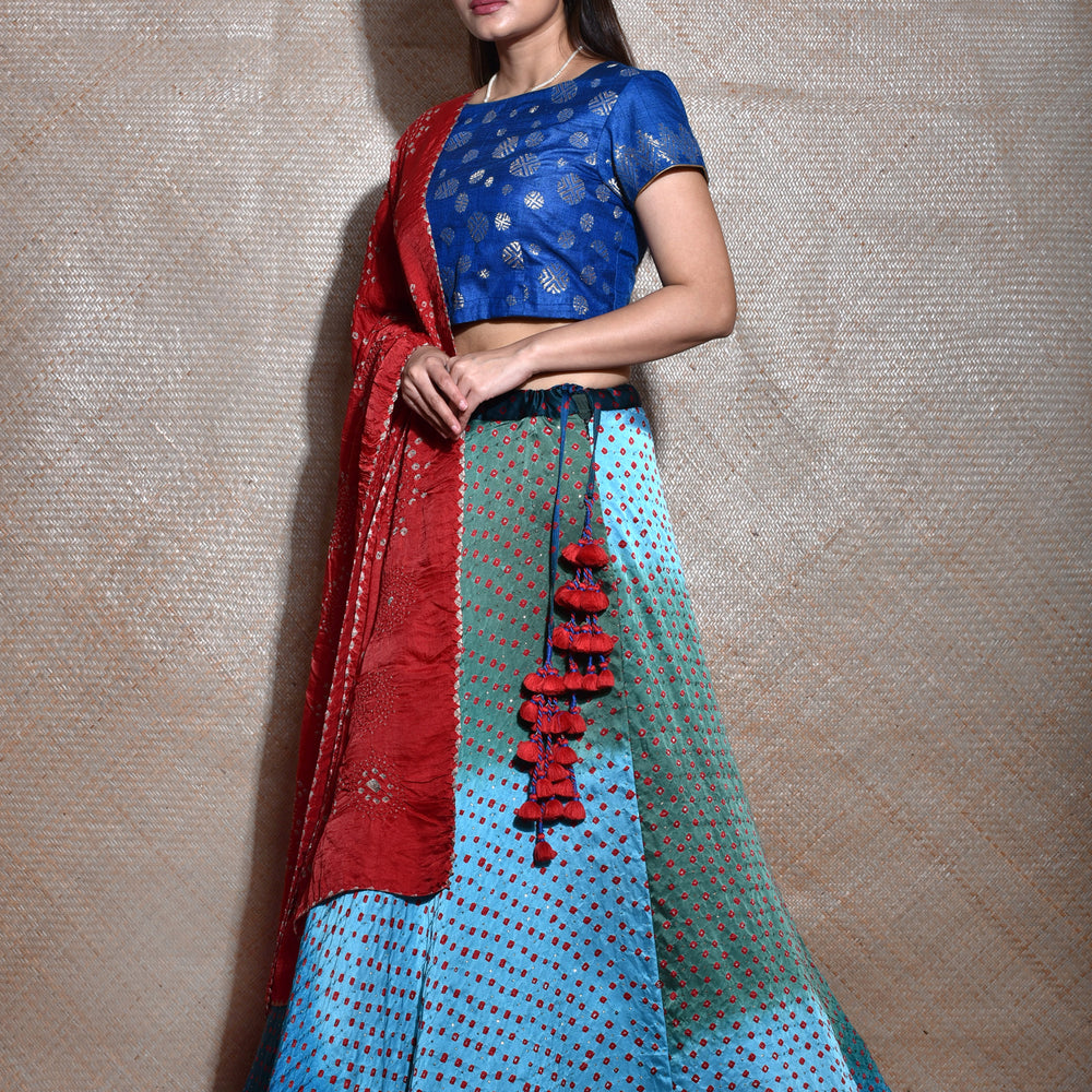 
                      
                        Blue Lehenga Set With Gajji Silk Bandhani Dupatta In Red
                      
                    