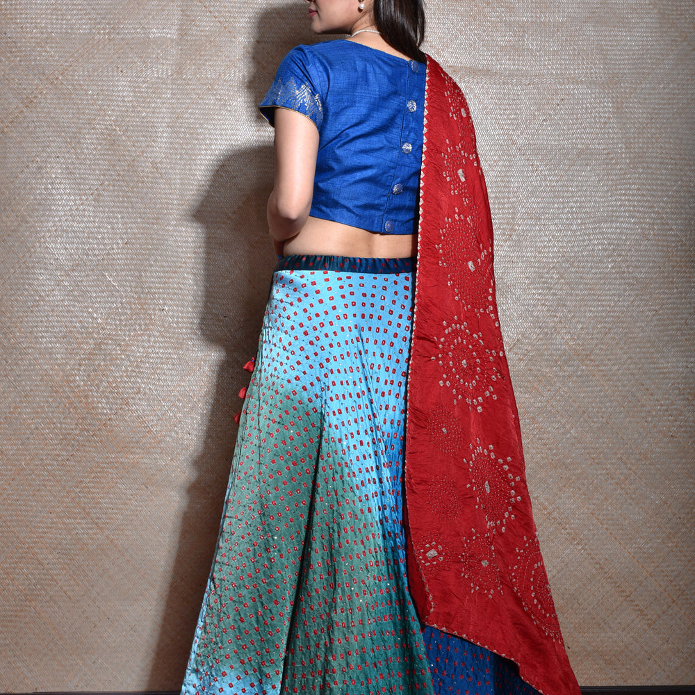 
                      
                        Blue Lehenga Set With Gajji Silk Bandhani Dupatta In Red
                      
                    