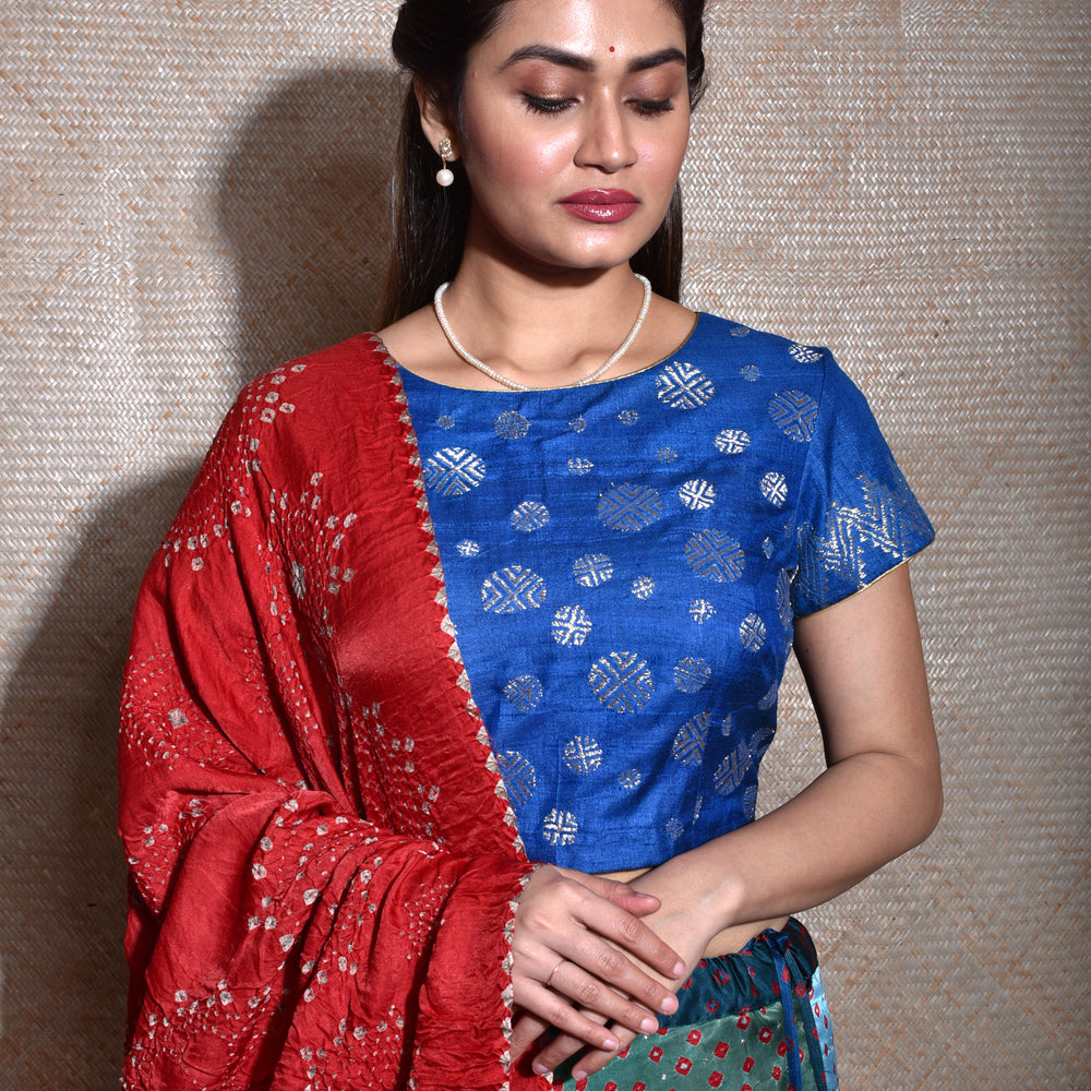 
                      
                        Blue Lehenga Set With Gajji Silk Bandhani Dupatta In Red
                      
                    