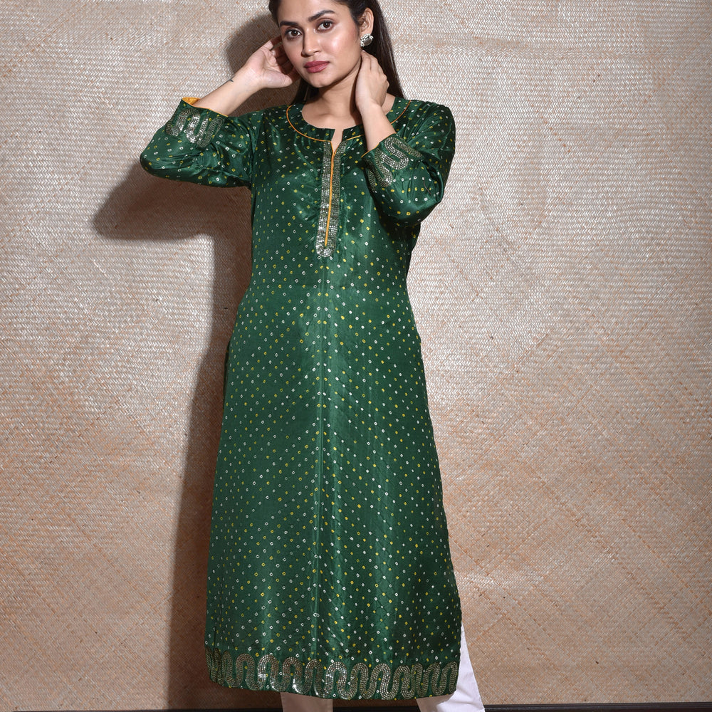 Bottle Green Bandhani on Silk Kurta with Mirror Work