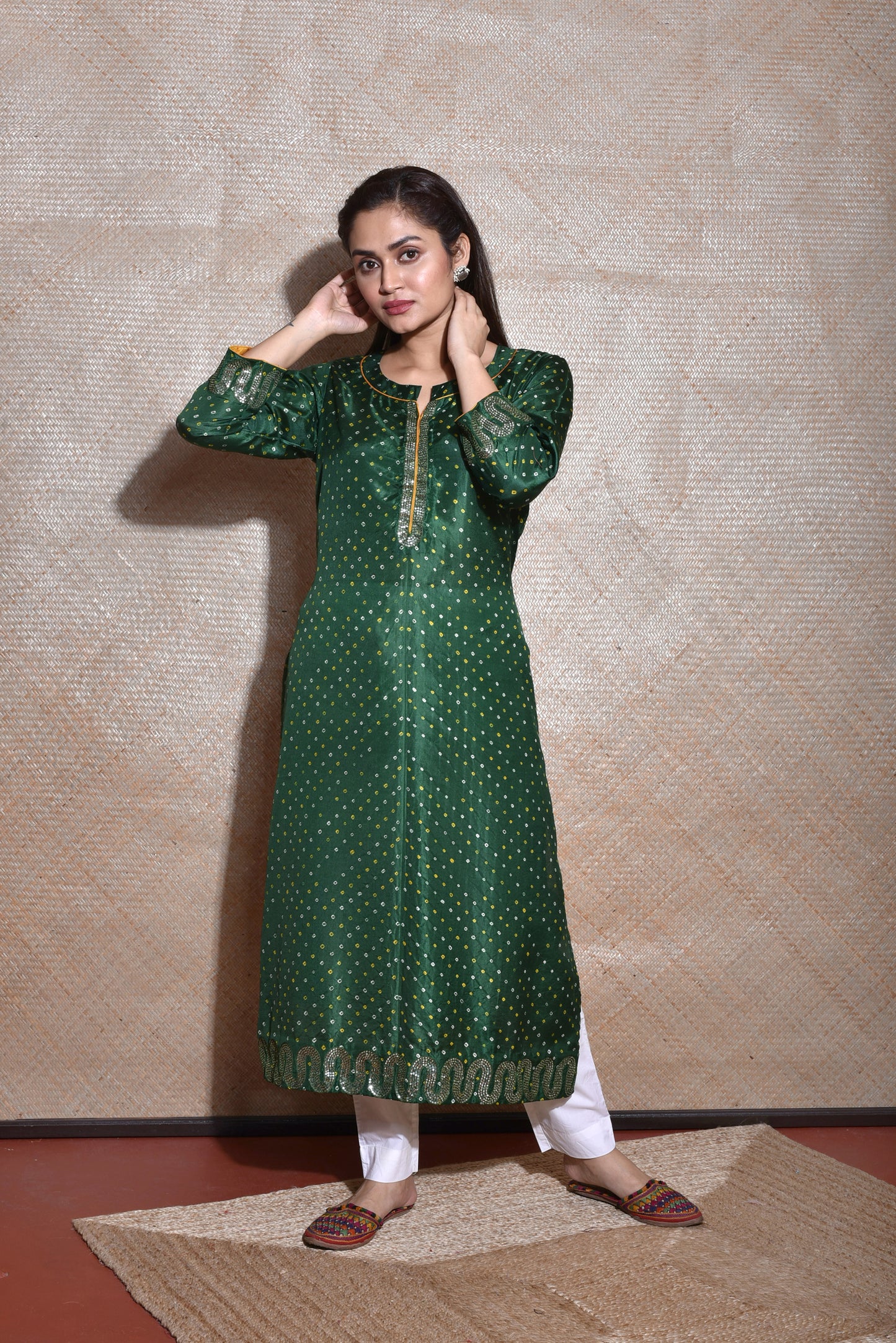 Bottle Green Bandhani on Silk Kurta with Mirror Work