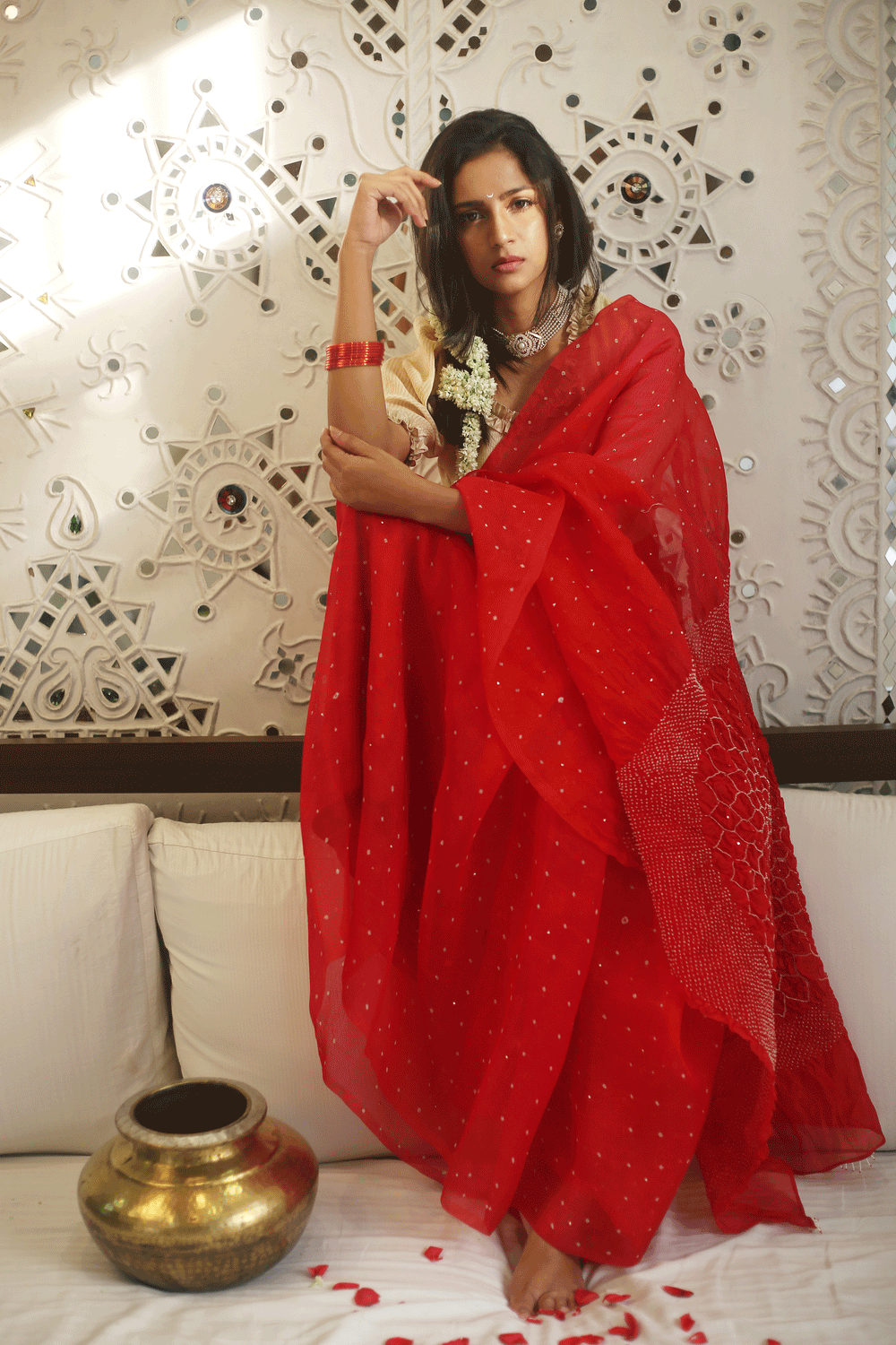 Bandhani on Organza Saree in a Bright Red