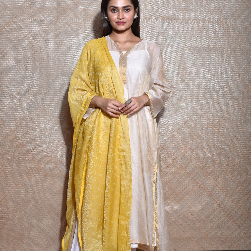 
                      
                        Chanderi Tissue Kurta with Bandhani on Chanderi Tissue Dupatta -Off White Yellow
                      
                    