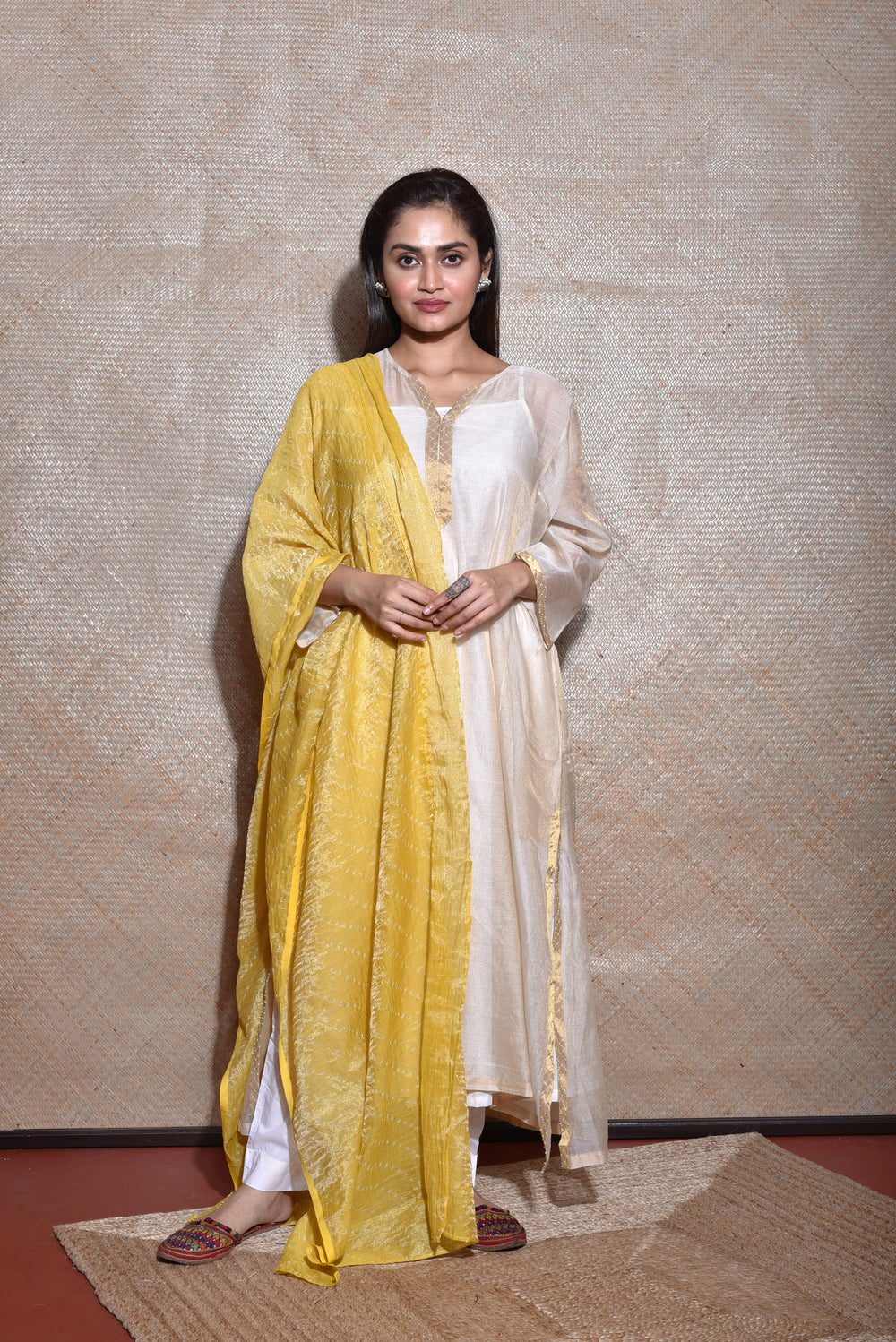 Chanderi Tissue Kurta with Bandhani on Chanderi Tissue Dupatta -Off White Yellow