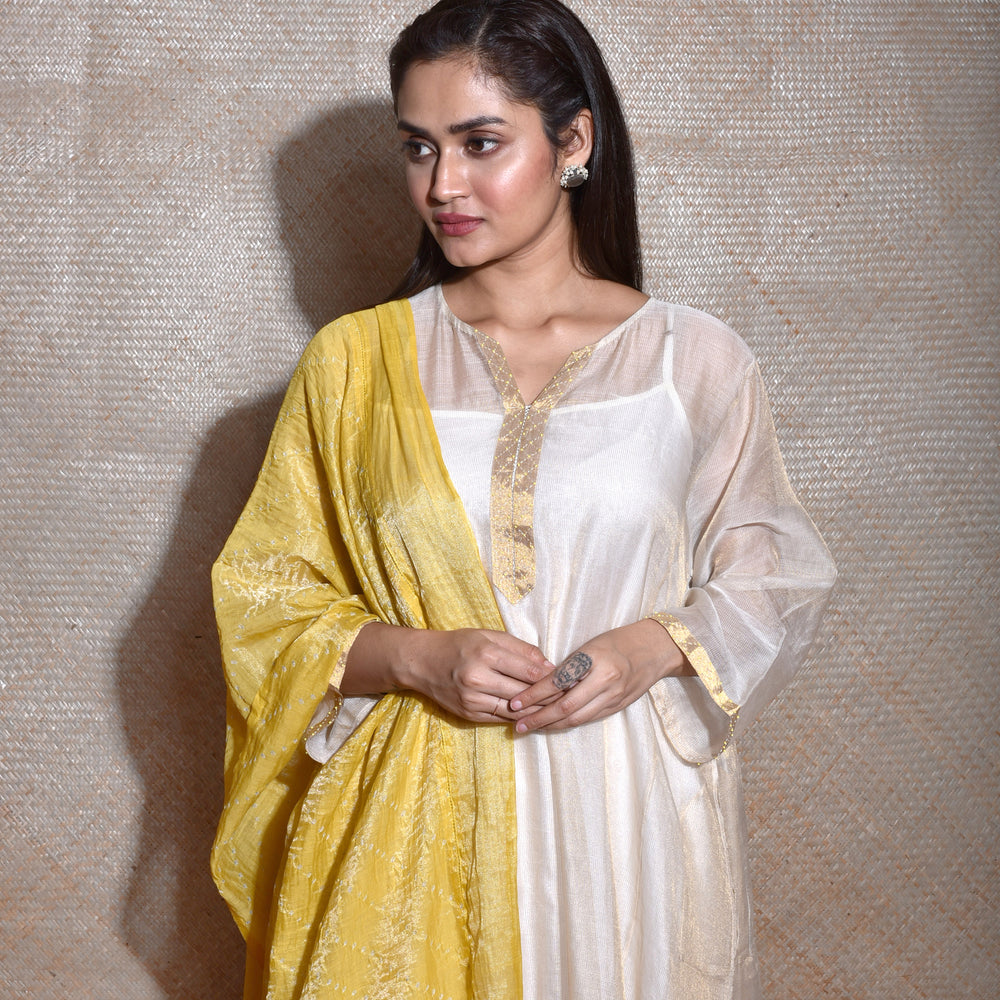 
                      
                        Chanderi Tissue Kurta with Bandhani on Chanderi Tissue Dupatta -Off White Yellow
                      
                    