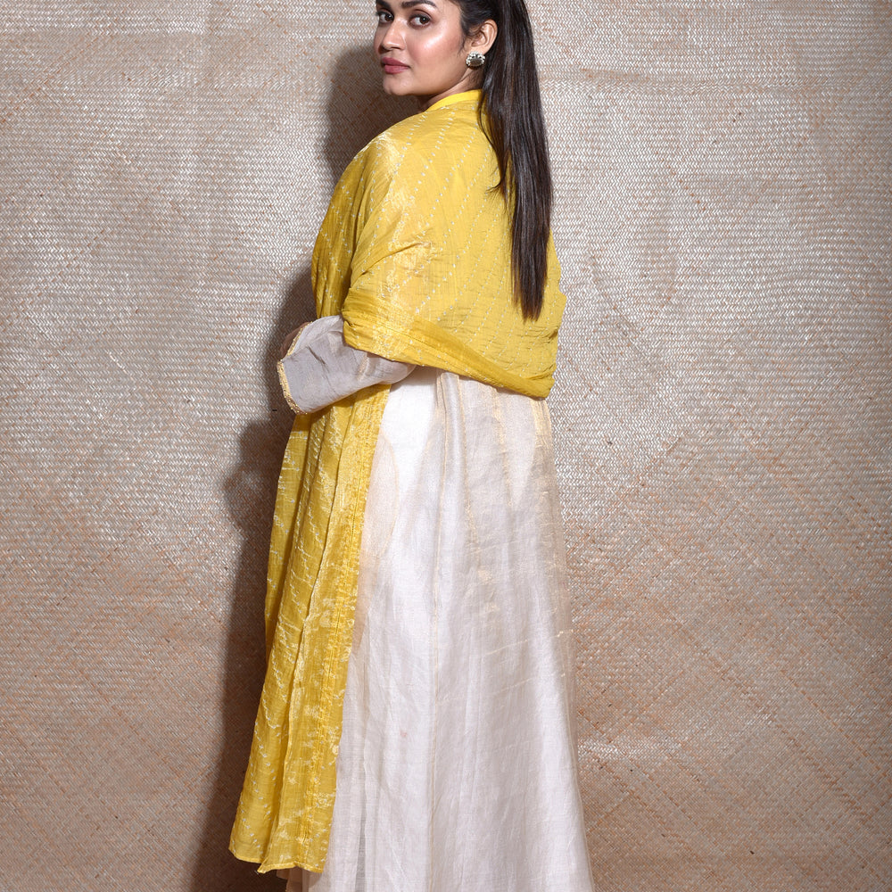 
                      
                        Chanderi Tissue Kurta with Bandhani on Chanderi Tissue Dupatta -Off White Yellow
                      
                    