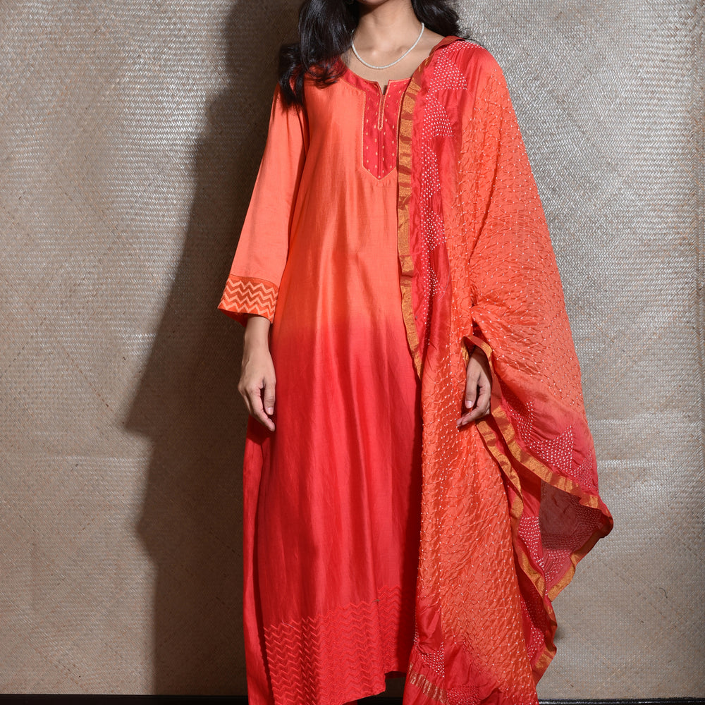 Chanderi Suit Set with Bandhani Dupatta -Red And Orange