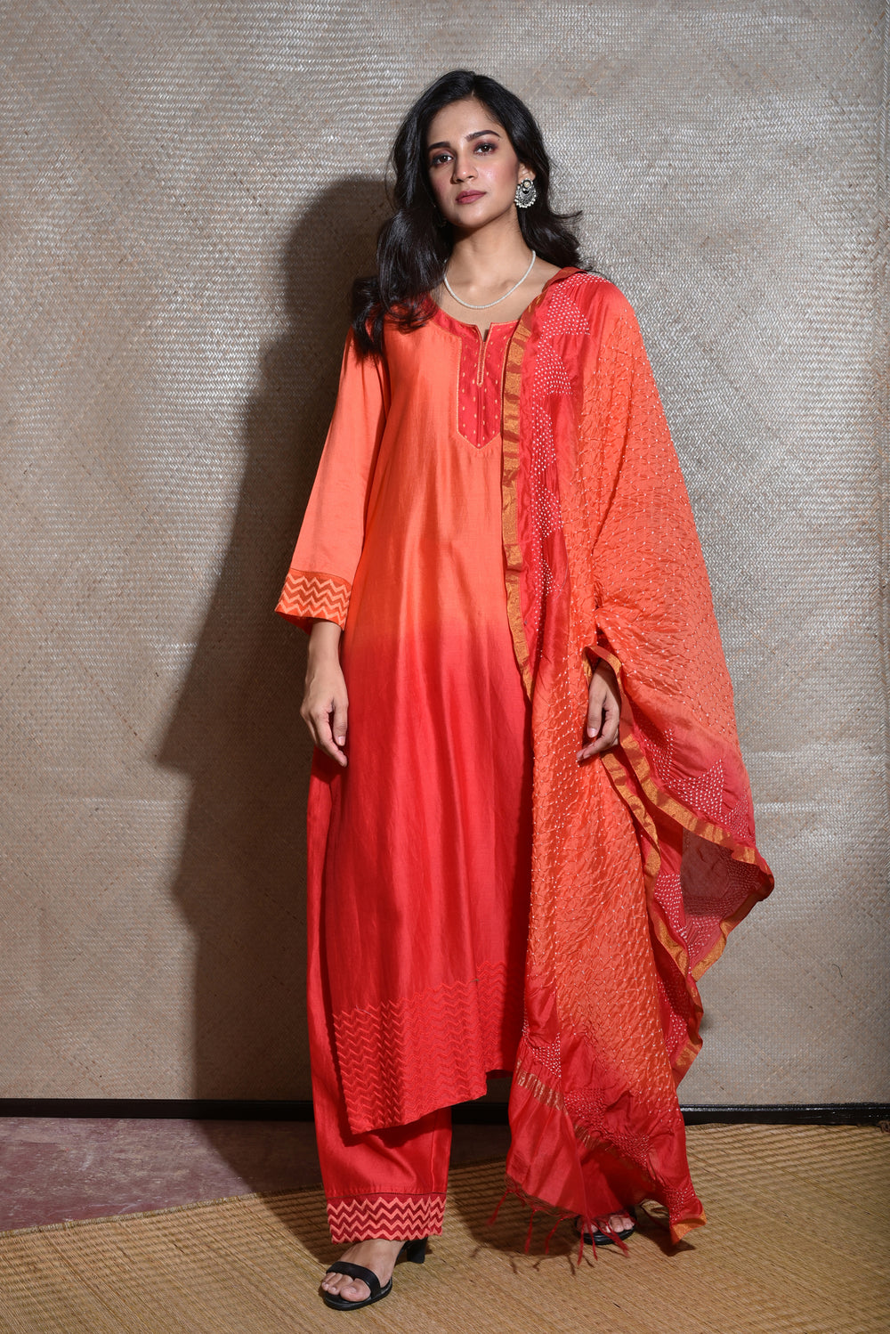 Chanderi Suit Set with Bandhani Dupatta -Red And Orange