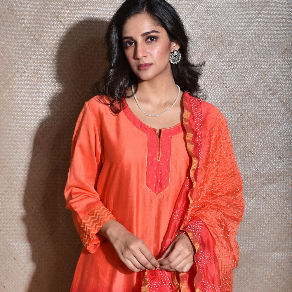 Chanderi Suit Set with Bandhani Dupatta -Red And Orange