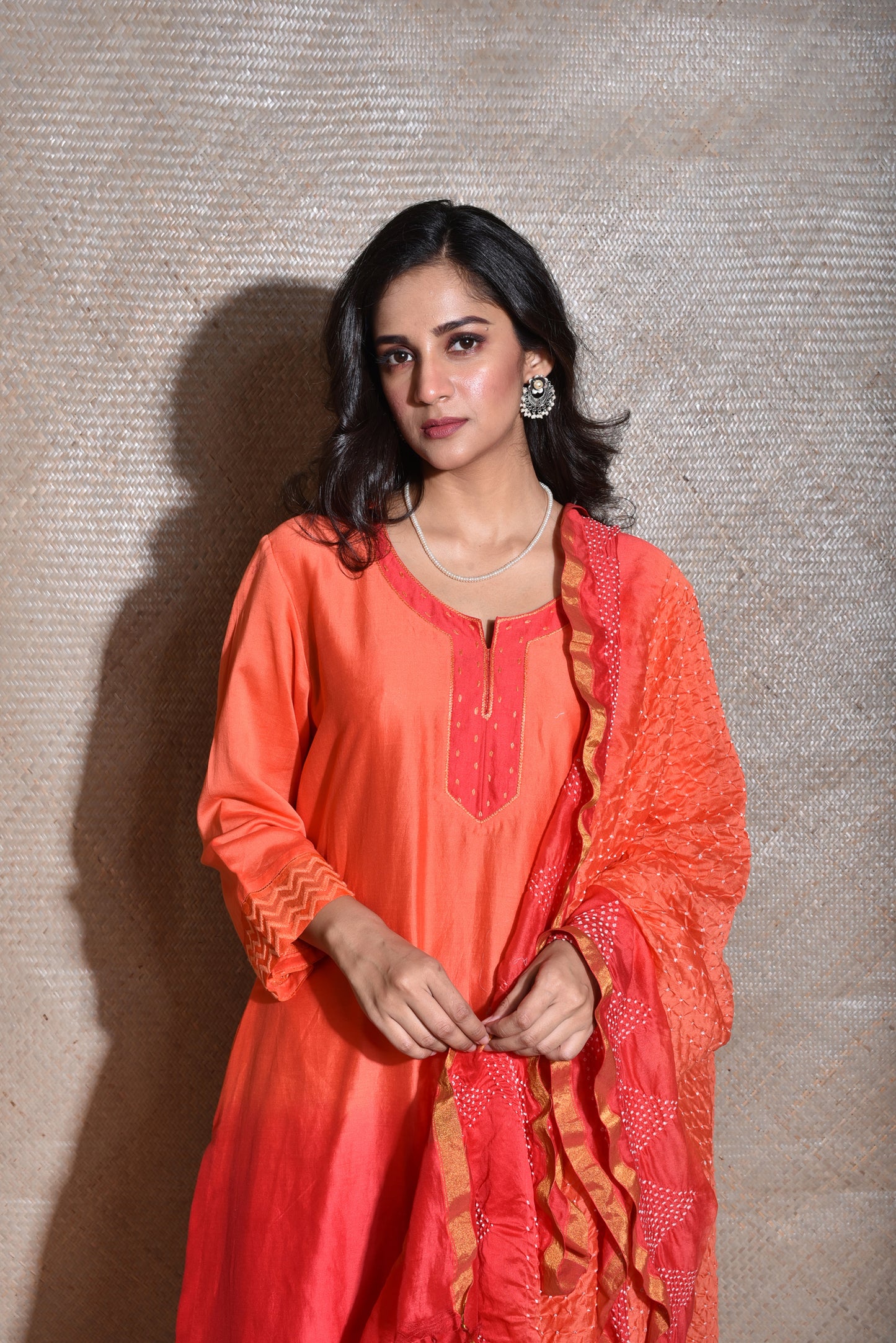 Chanderi Suit Set with Bandhani Dupatta -Red And Orange