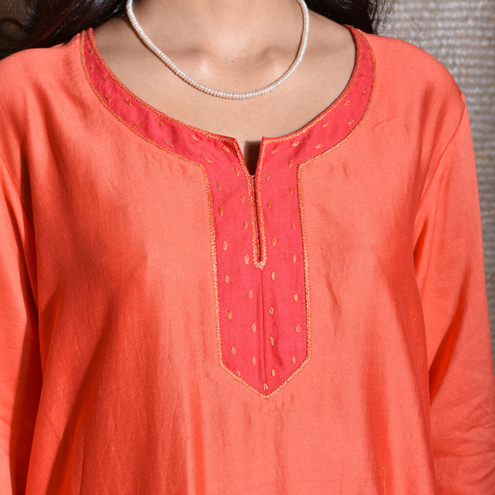 
                      
                        Chanderi Suit Set with Bandhani Dupatta -Red And Orange
                      
                    