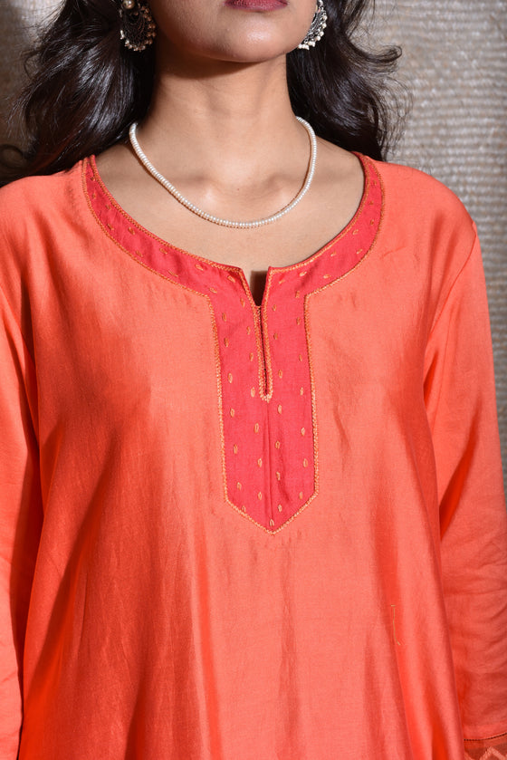 Chanderi Suit Set with Bandhani Dupatta -Red And Orange