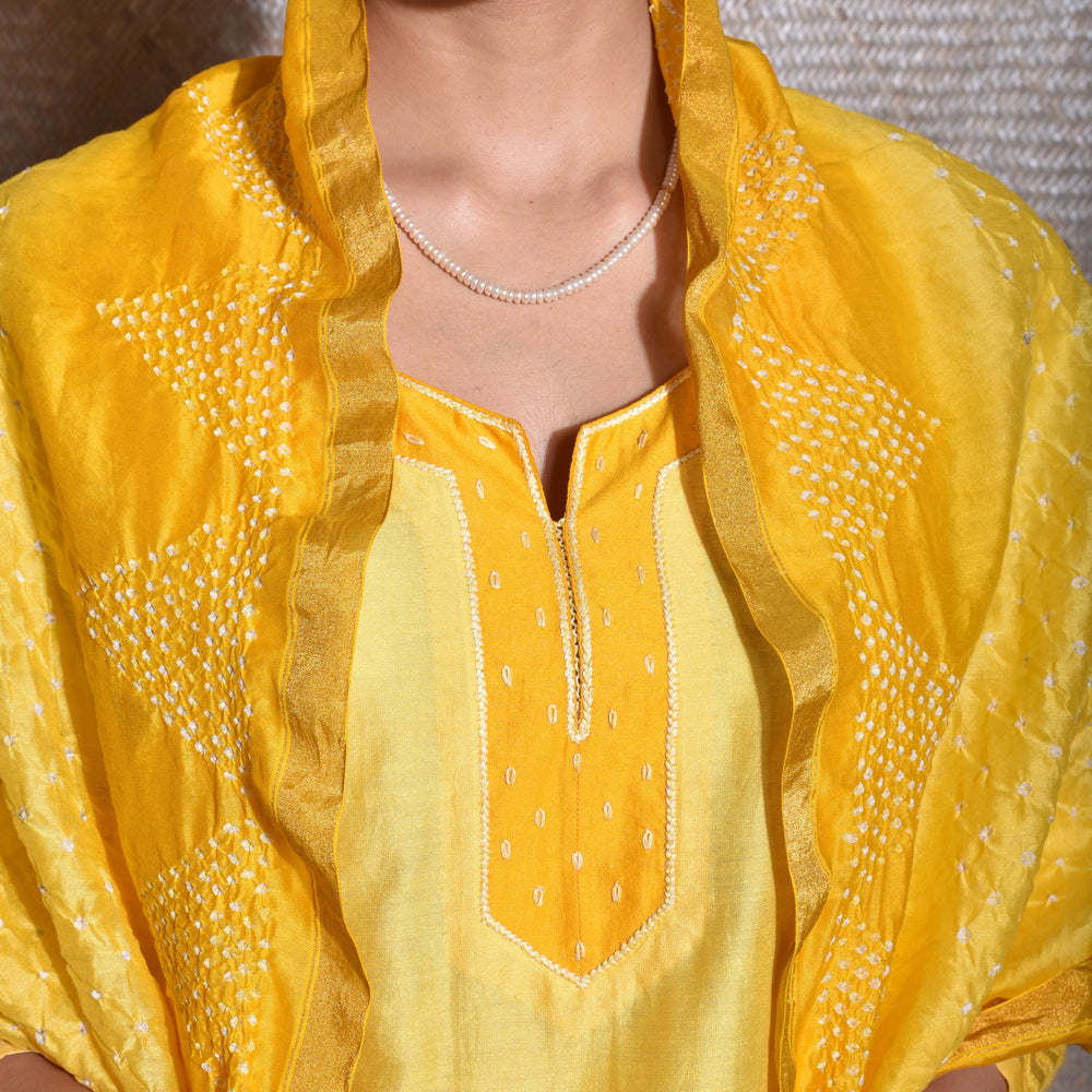 
                      
                        Chanderi Suit Set with Bandhani Dupatta - Yellow.
                      
                    