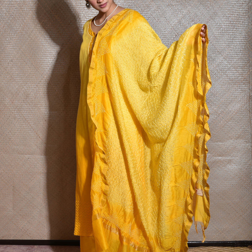 
                      
                        Chanderi Suit Set with Bandhani Dupatta - Yellow.
                      
                    