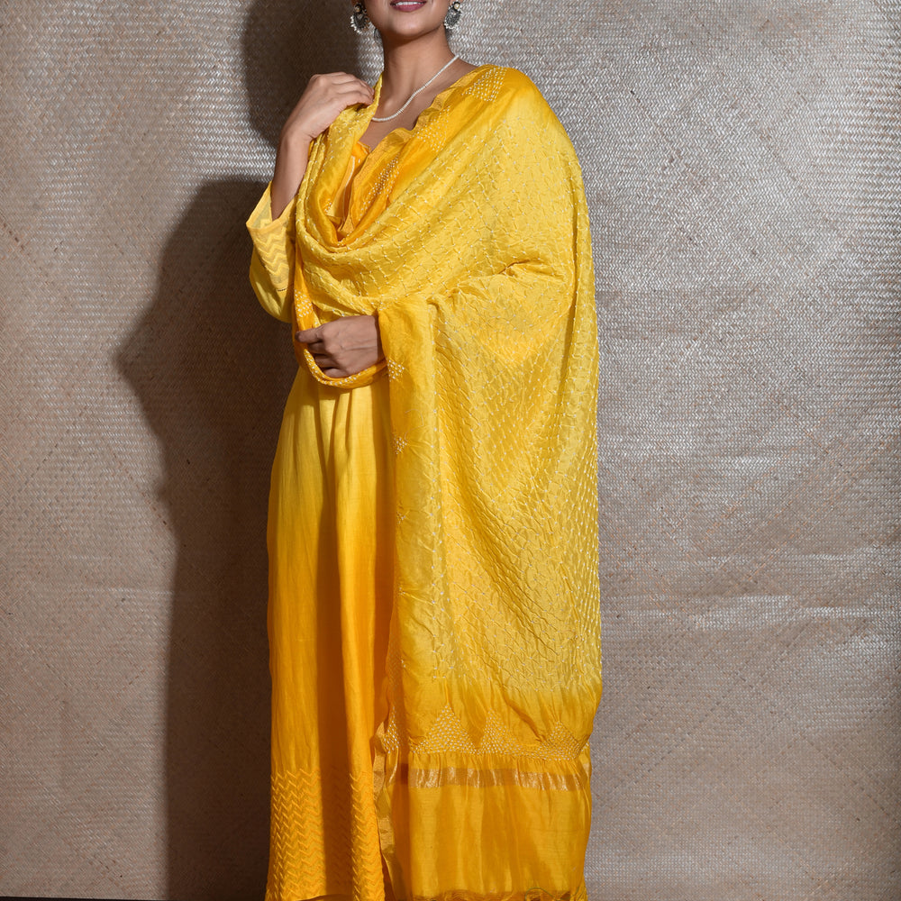 
                      
                        Chanderi Suit Set with Bandhani Dupatta - Yellow.
                      
                    