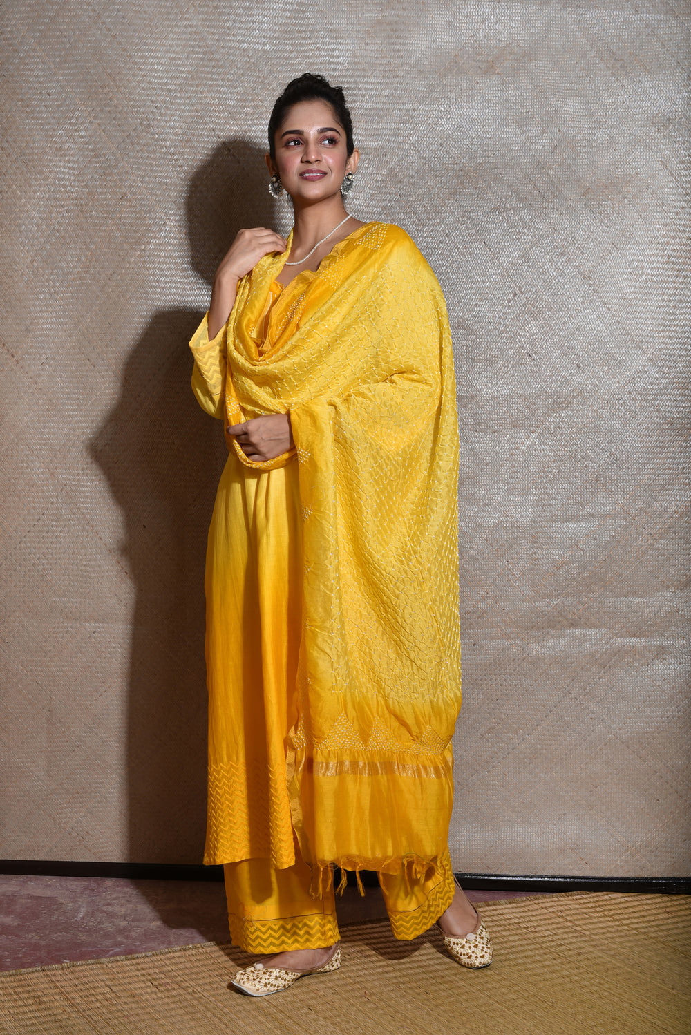 Chanderi Suit Set with Bandhani Dupatta - Yellow.