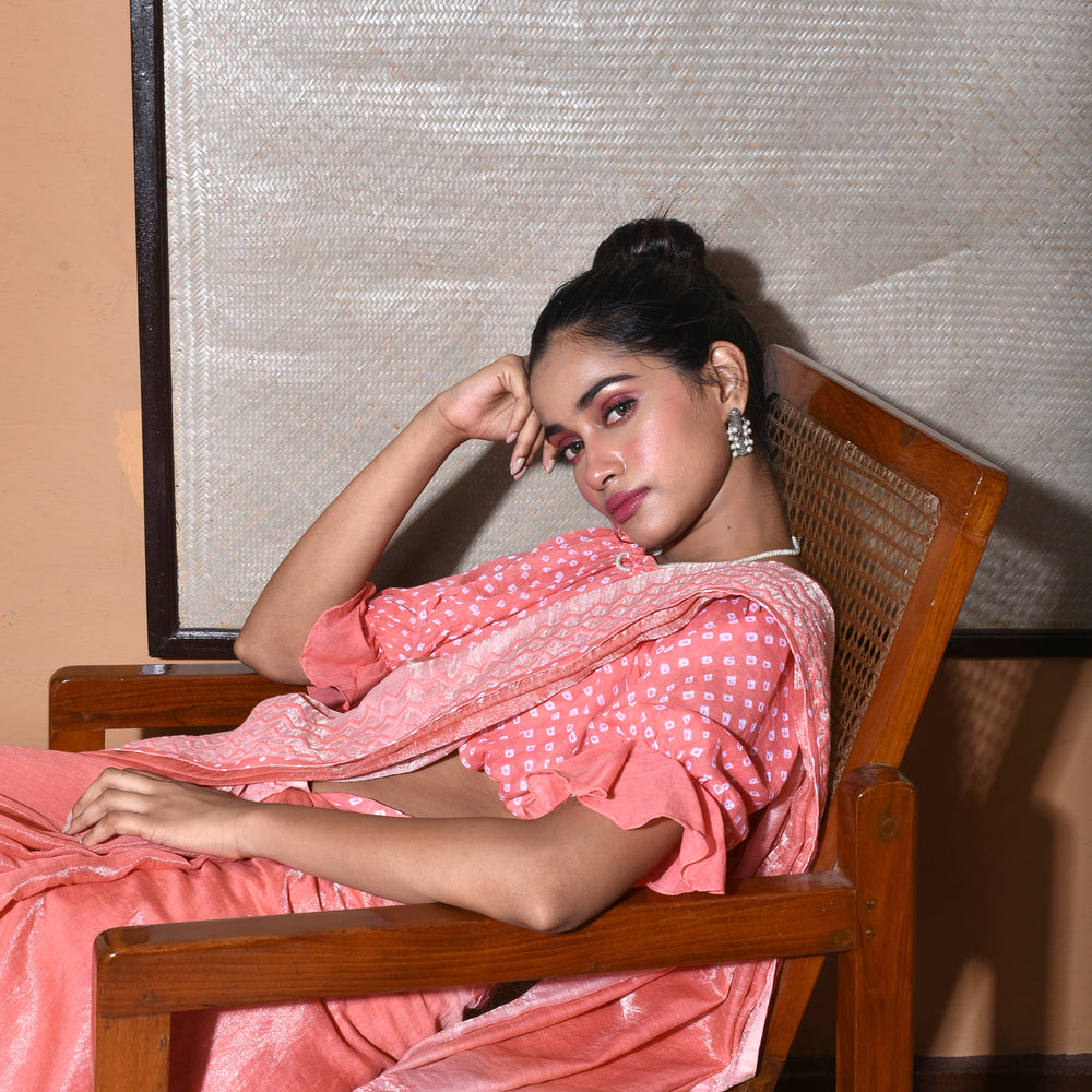 Chanderi Tissue Saree With Cotton Bandhani Blouse-Peach.