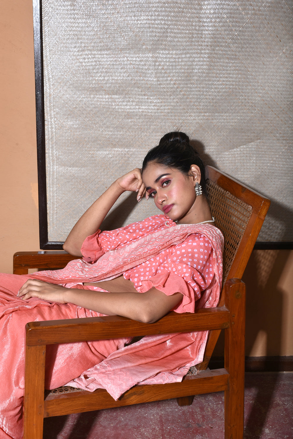 Chanderi Tissue Saree With Cotton Bandhani Blouse-Peach.