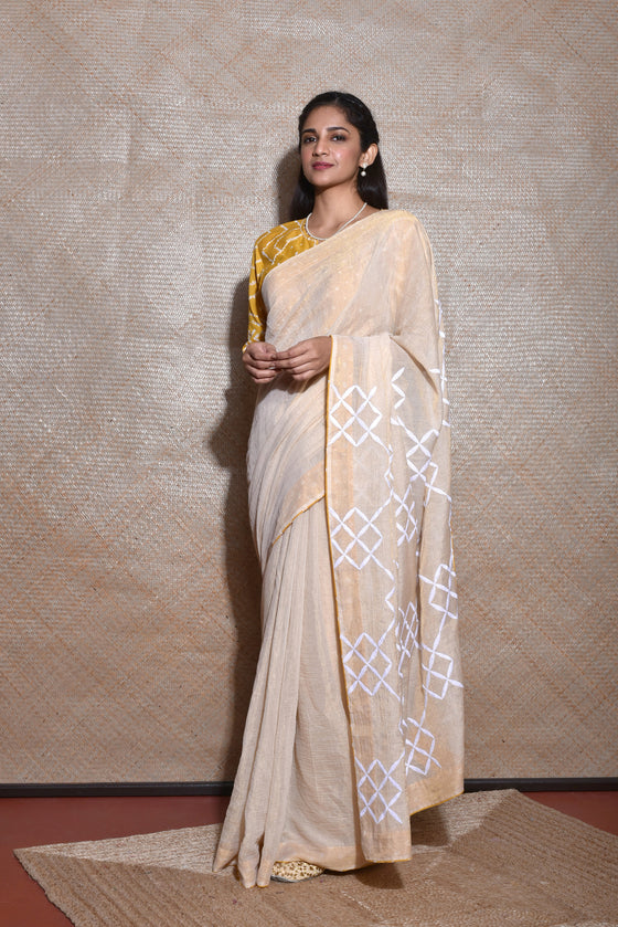  Chanderi Tissue Saree with Thread Embroidery - Off white