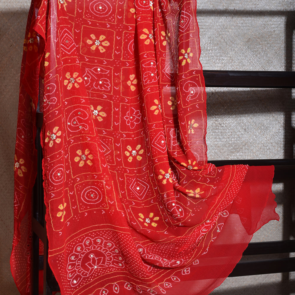 Pure Chiffon Bandhani Dupatta in Bright Red