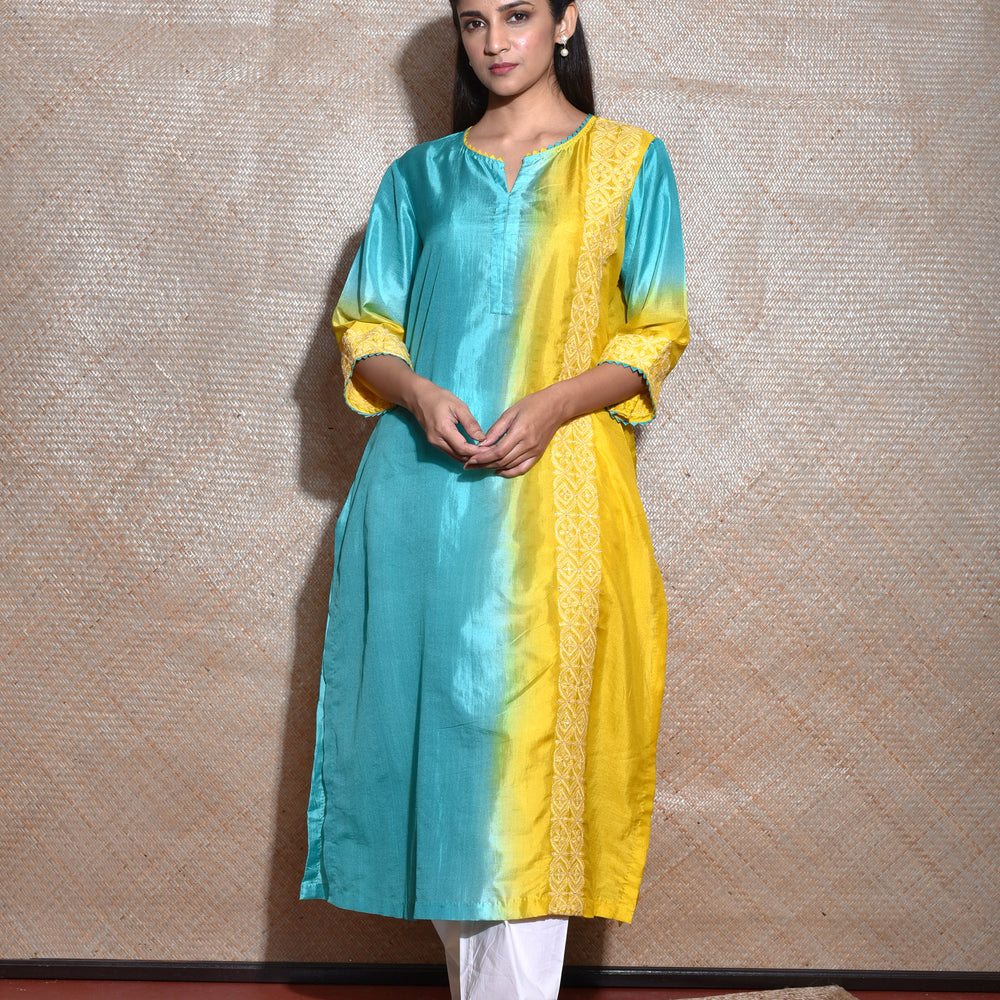 Chikankari Kurta On Silk In Shades Of Blue And Yellow