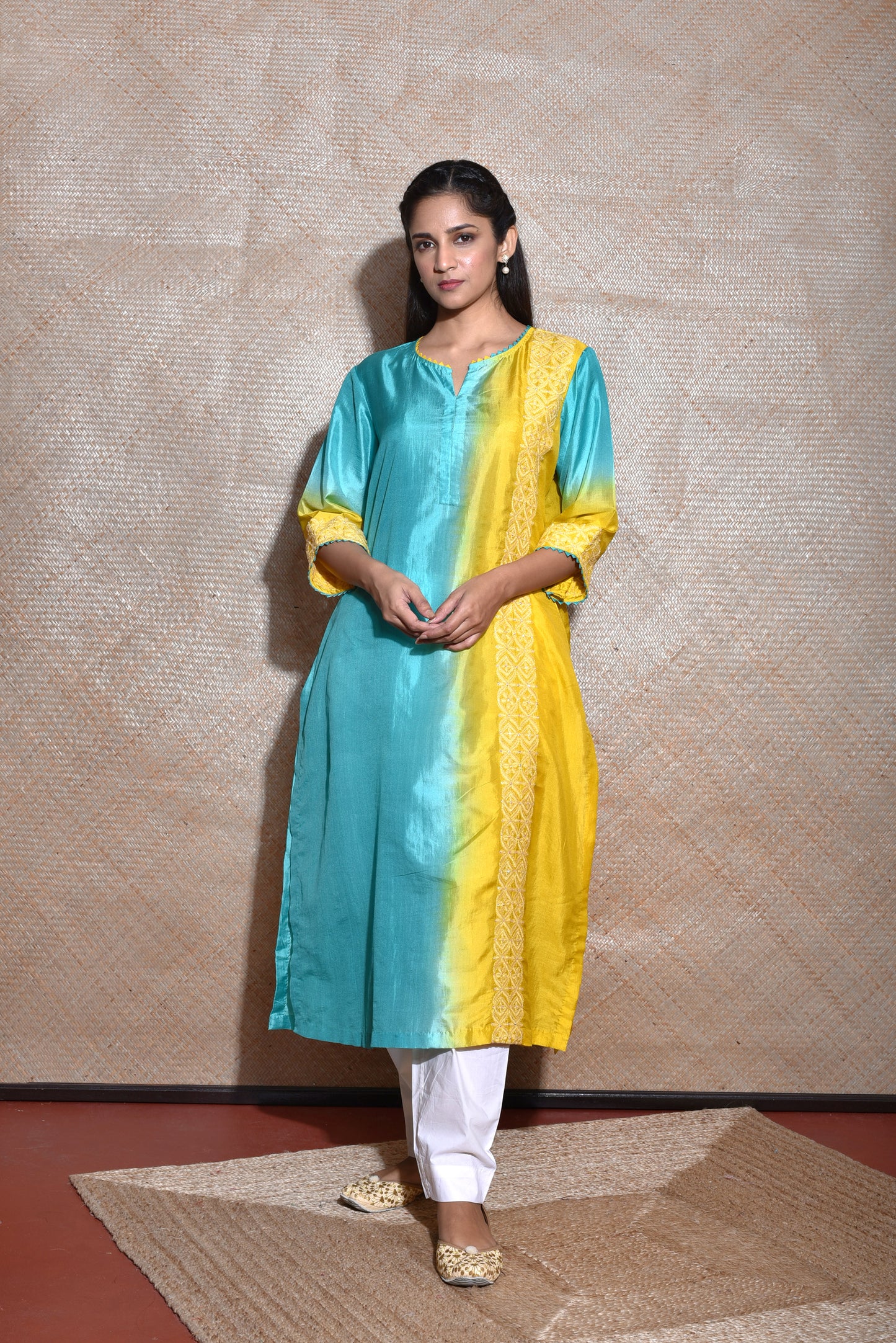 Chikankari Kurta On Silk In Shades Of Blue And Yellow