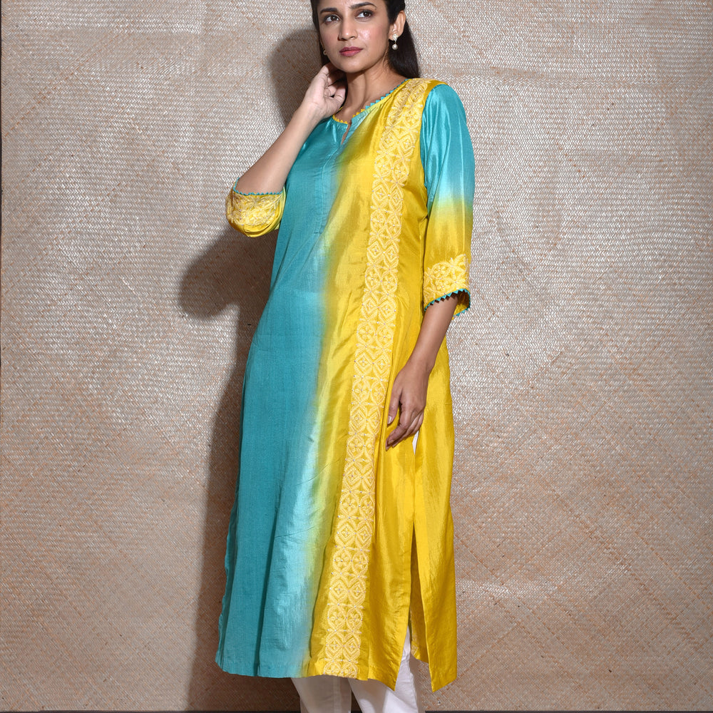 Chikankari Kurta On Silk In Shades Of Blue And Yellow