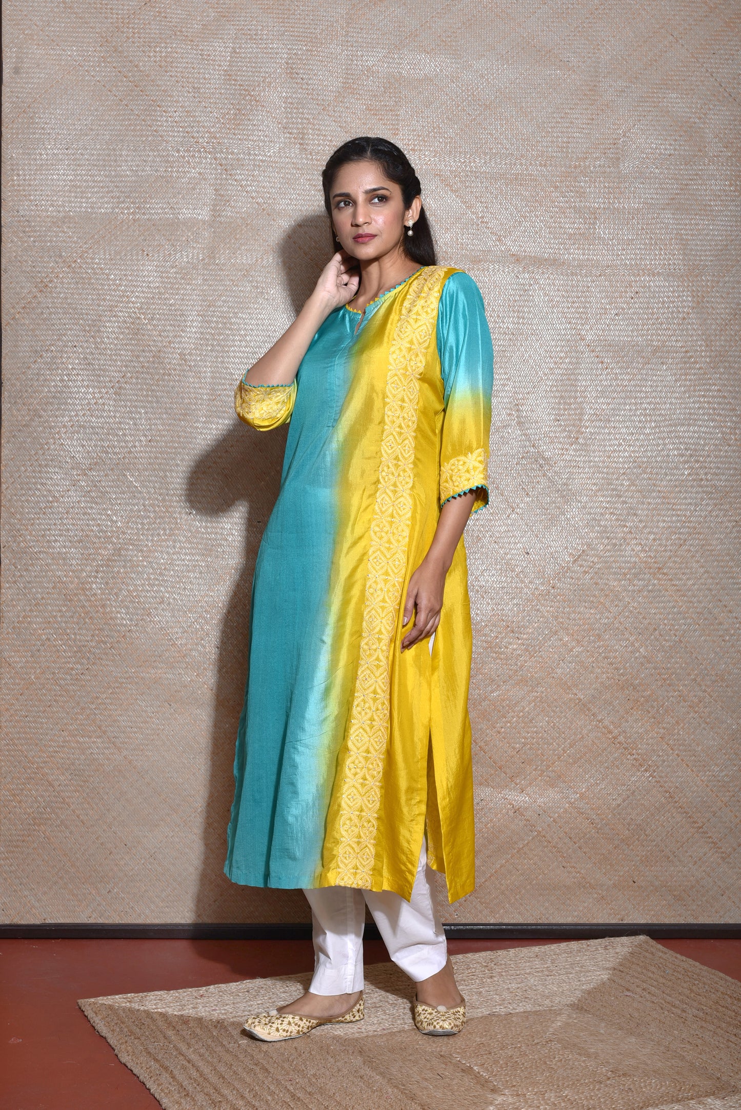 Chikankari Kurta On Silk In Shades Of Blue And Yellow