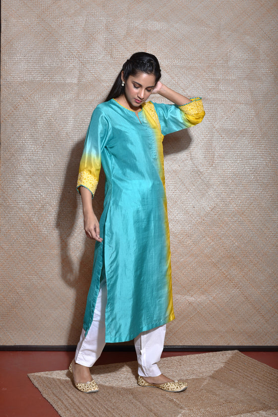 Chikankari Kurta On Silk In Shades Of Blue And Yellow