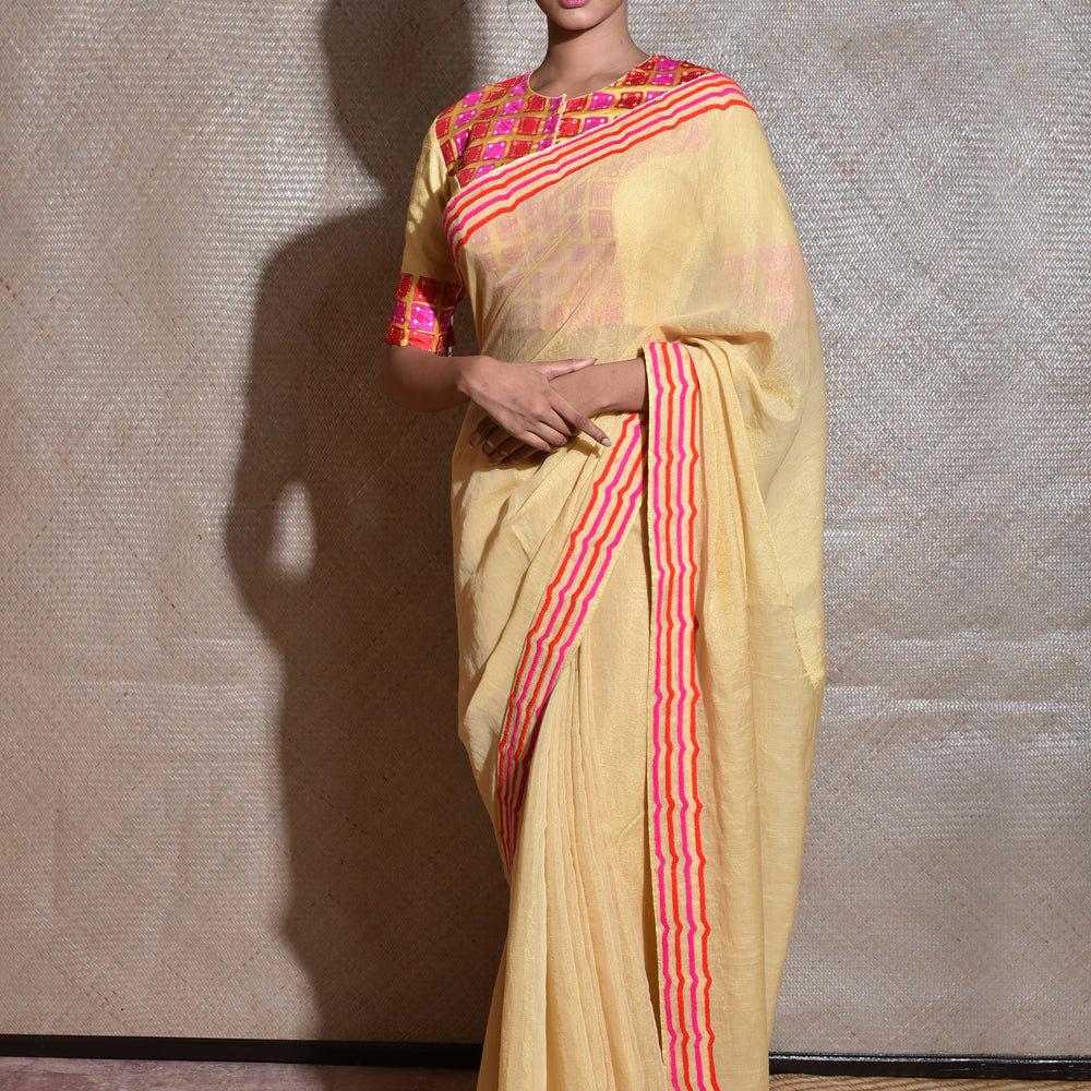 Cream Coloured Embroiderd Saree On Tissue Chanderi With Bandhani Applique Blouse 