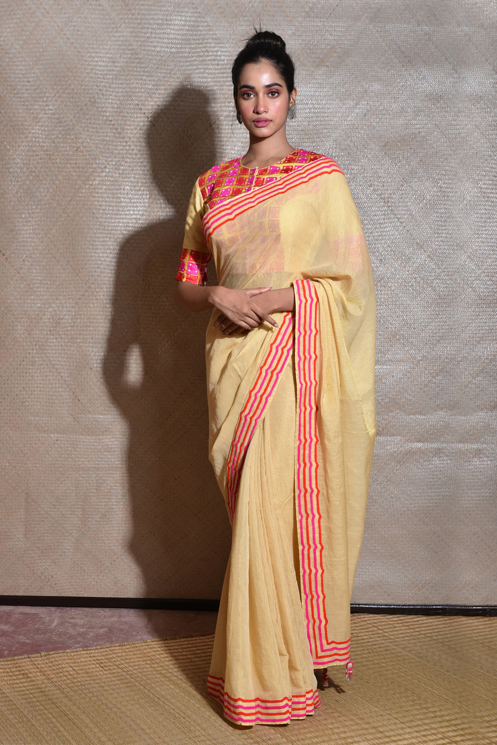 Cream Coloured Embroiderd Saree On Tissue Chanderi With Bandhani Applique Blouse 