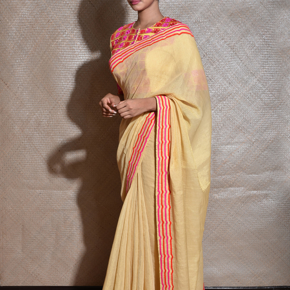 Cream Coloured Embroiderd Saree On Tissue Chanderi With Bandhani Applique Blouse 